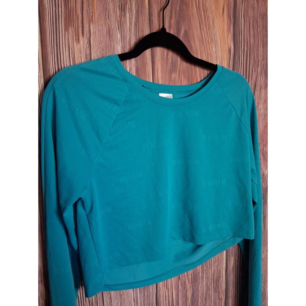 Gymshark Teal Blue All Over Logo Long Sleeve Open Cutout Back Crop Top medium
